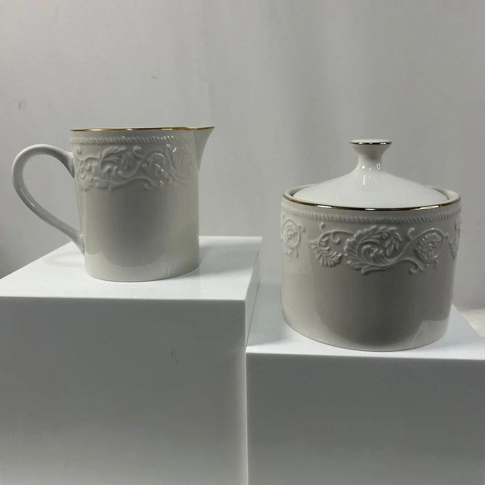 Farberware Calais Creamer and Sugar Bowl Set 22K Gold Band‎ Stoneware